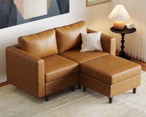 Image of ABCASA Modular Sectional Loveseat Sofa Couch with Storage Seats, 3 Seater L Shaped Couch with Movable Ottoman for Small Spaces,Brown