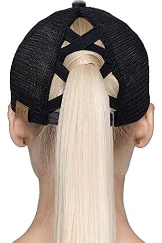 Funky Junque Criss Cross Hat Womens Baseball Cap Distressed Ponytail Messy Bun Trucker Ponycap (American Flag - Jet Black Camo) #TOP1