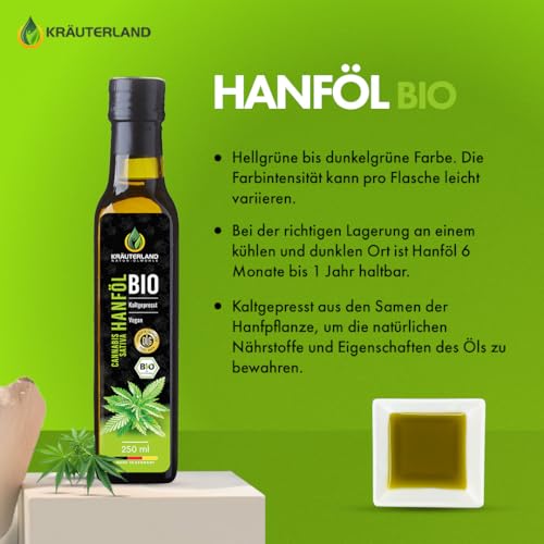 Kräuterland Bio Hanföl 2X250ml (500ml), kaltgepresstes Hanfsamenöl, naturrein ohne Zusatzstoffe, Vegan & GVO-frei, geeignet für Haut & Haare, Premium Qualität