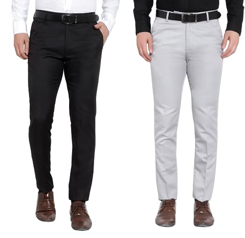 Image of The PS Men's Formal Regular Fit Cotton Blend Black, Dark Grey Combo Trouser (Pack of 2)