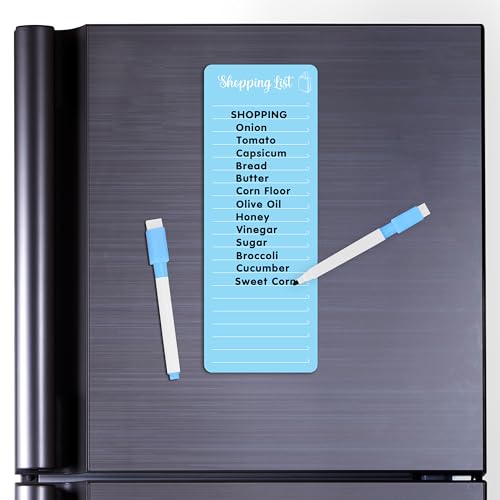 Image of Clickedin Magnetic Shopping List Grocery Fridge Magnet, 10x24 cm Acrylic Board with Marker (Cyan Blue)