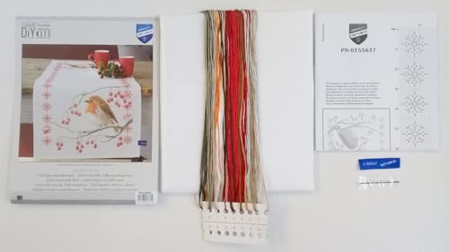 Image of Vervaco Embroidery Kits Cross Stitch Table Runner DIY Kit, Tablecloth to Embroider with Embroidery Image in Modern Design, Cotton and Embroidery Thread, 12,8 x 33,6 Inches, Robin