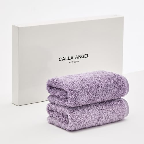 Calla Angel New York【エジプト超長綿GIZA86 100%】高級フェイスタオル 2枚組 ふわふわ甘撚り 厚手 高吸水 360度立体パイル仕様 柔らかい 無地 上質コットン OEKO-TEX認証 白箱入り ギフト仕様 フローラシリーズ〔約35×75cm〕グレープパープル