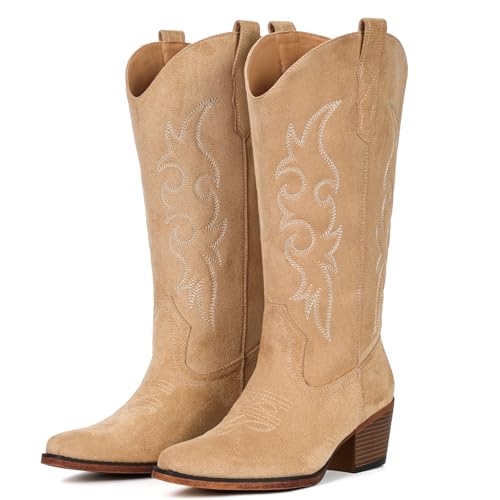 Image of IUV Cowboy Boots For Women Western Cowgirl Boots Mid Calf Snip Toe Boot With Chunky Heel