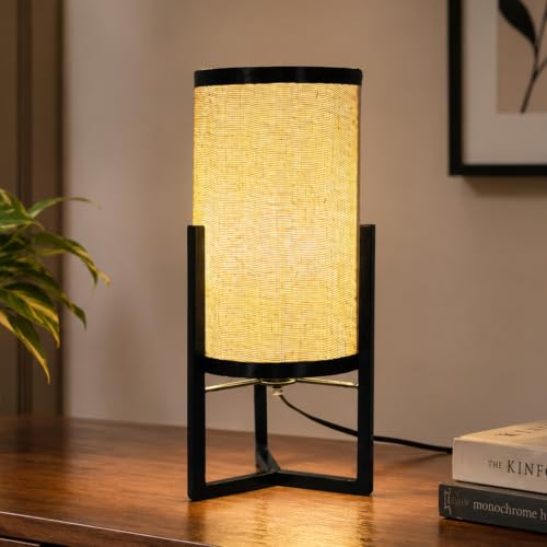 Image of Amazon Basics Minar Black Iron Frame Table Lamp | Iron Tripod Base with Polyester Shade | E27 Holder | Decorative Night Lamp for Bedroom, Living Room & Study Room | Home Decor Gift