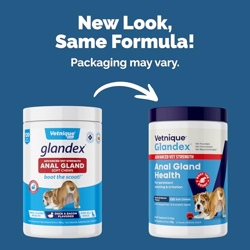 Image of Vetnique Glandex Anal Gland Soft Chew Treats with Pumpkin for Dogs Digestive Enzymes, Probiotics Fiber Supplement for Dogs Boot The Scoot (Advanced Strength Duck /Bacon, 120 Ct)