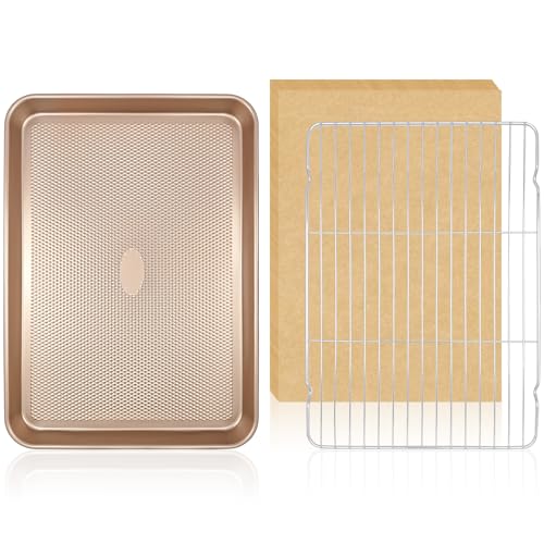 SEIION 1 Pack 17'' Baking Sheet Set with Rack and Parchment Paper (1Pans + 1 Racks + 50 Papers), Non-Stick Cookie Sheets with Food Cooling Rack, Heavy Duty & Warp Resistant Baking Sheet Pan