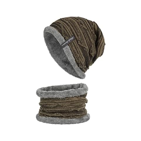 Winter Beanie Hat Scarf Set Fleece Liner Warm Knitted Hat and Circle Scarf for Men and Women Indoors and Outdoor (Khaki) Cover
