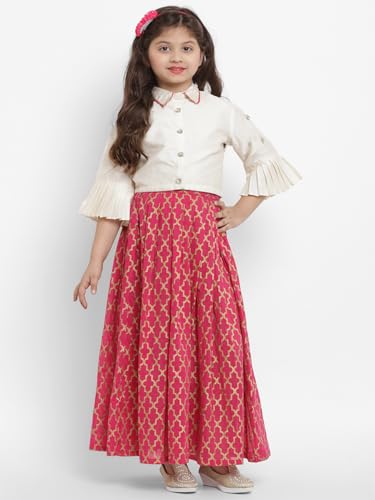 Image of Bitiya by Bhama Girls Off White & Pink Ready to Wear Silk Lehenga & Choli