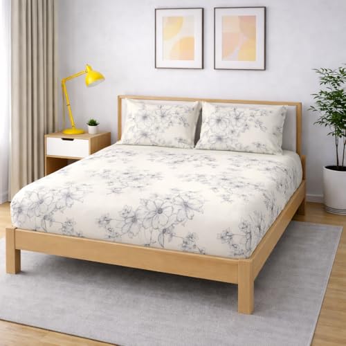 Image of 350 TC Premium Heavy Cotton Feel Elastic Fitted Bedsheet King Size with 2 Pillow Covers || Double Bed with All Around Elastic (WhiteFlowers, Fitted - Double72x72)