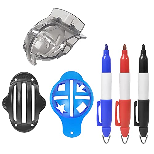 Golf Ball Line Marker Tool, mylovetime Plastic Golf Ball Liner Alignment Tool Including 3 Golf Ball Markers Stencil and 3 Line Markers Pens (6 Pack)