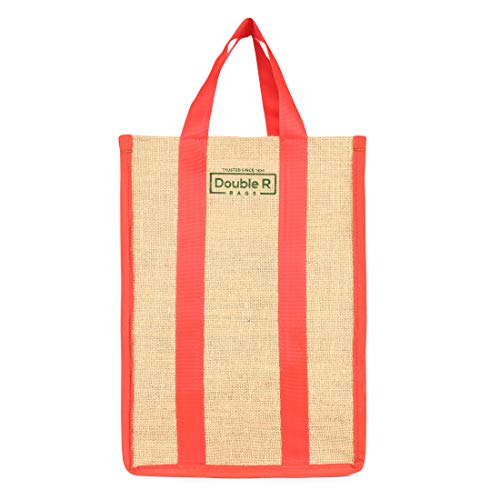 Image of DOUBLE R BAGS Laminated Jute Reusable Shopping Bags Kitchen Essentials Grocery Vegetable Lunch Carry Bag With Full Handles Multi-purpose Bag Stylish Designs (Red) Pack of 2