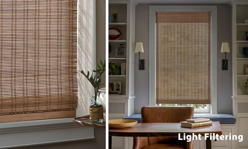 Image of LazBlinds No Tools No Drill Cordless Bamboo Roman Shades, Light Filtering Window Treatment, Roll Up Bamboo Blinds for Windows 45'' W x 48'' H, Ceylon Light Russet