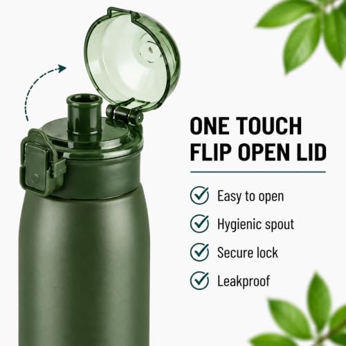 Image of CELLO Puro Steel-X Flint 900 Insulated Water Bottle 650 ml, Military Green | Easy Press Open Flip Top, Easy to Carry with Handle Leak Proof Inner Steel Water Bottle for School Kids, Office Gym Travel