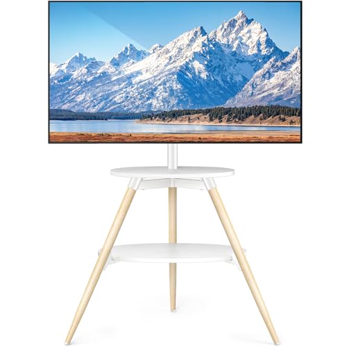 5Rcom Support TV sur trépied avec 2 étagères, pivotant et réglable en hauteur, support TV au sol en bois pour écran LED LCD OLED de 32 à 65 pouces, VESA...