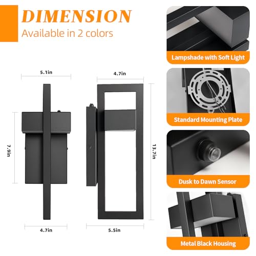 Image of tewei LED Outdoor Wall Sconce Dusk to Dawn Outdoor Lighting, Modern Exterior Lighting Fixtures, Black LED Front Porch Lights Outside Wall Mount Lights for House, Hallway, Warm White 3000K, 1 Pack