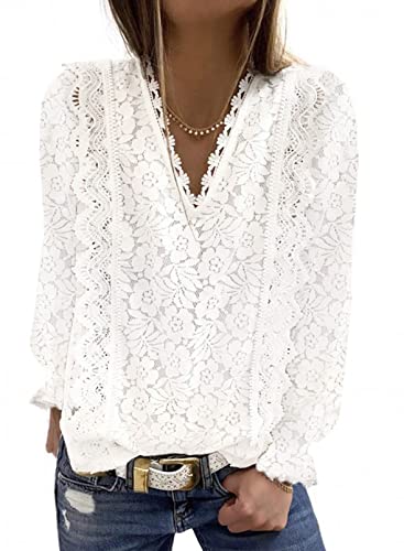 Shewin Womens Long Sleeve Blouses V Neck Lace Crochet Boho Shirts Tunic Tops Dressy Casual For Women 2023 Fashion Trendy,Us 12-14(L),White #TOP17