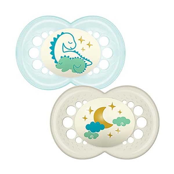 MAM Night Soothers 12+ Months (Pack of 2), Glow in the Dark Baby Soothers with Self Sterilising Travel Case, Newborn…