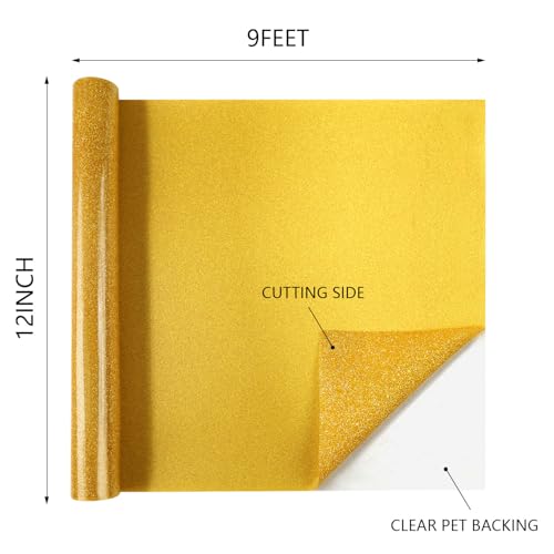 Image of HTVVETUR Glitter HTV Vinyl Rolls Heat Transfer Vinyl - 12 inch x 9ft Gold Glitter HTV Vinyl for Shirts, Iron on Vinyl for Cameo - Easy to Cut & Weed for Heat Vinyl Design (Glitter Light Gold-9ft)