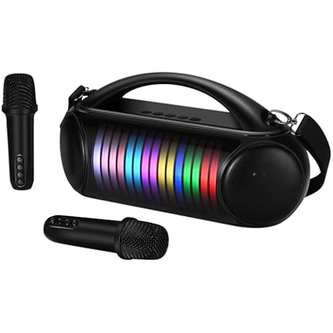 Karaoke Machine Portable Bluetooth Speaker with 2 Wireless Microphones Rechargeable Karaoke Machine for Kid and Adult Party PA Speaker Multiple LED Light Mode Support TWS/Radio/AUX/REC Cover