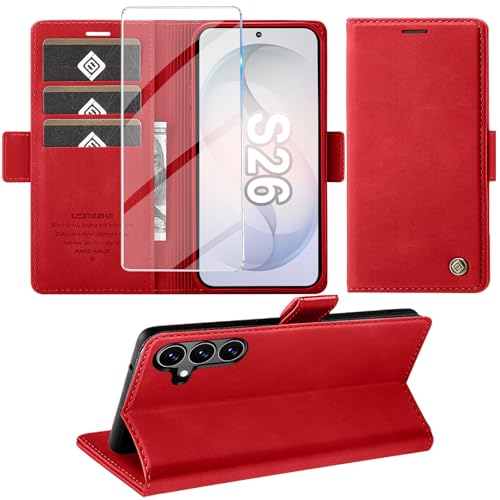 Étui Samsung S26 5G antichoc portefeuille rouge avec fentes cartes et support