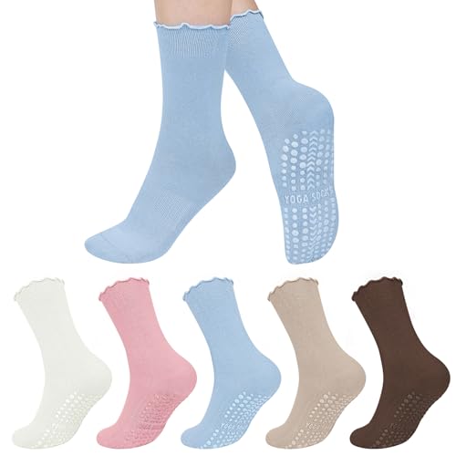 Darller 5 Pairs Pilates Socks with Grips for Women Non Slip Ruffle Grippy Yoga Socks for Barre Workout Hospital, Colorful 5 Pairs
