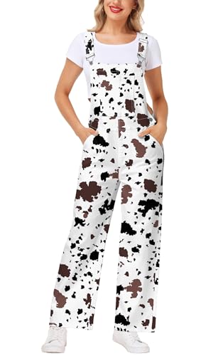 AOBUTE Halloween Cow Costume Pants Womens Animal Print Jumpsuit Pants Sleeveless One Piece Rompers S