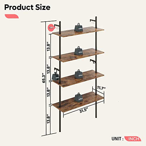 Bestier 65" Industrial Wall-Mounted Ladder Shelf 4 Tier Bookshelf With Storage Organizer Plant Flower Display Stand Round Tube Bookcase Rack With 2 Hooks For Home Office,Large,Rustic Brown #TOP1