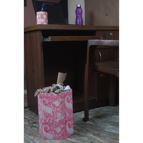 Image of Floral Hand Block Printed 3.3 Gallon Decorative Waste Basket - Eco-Friendly Cardboard Trash Can, Plastic-Free & Sustainable, Perfect for Christmas and Housewarming Gifts (1, Pink MUKAT)