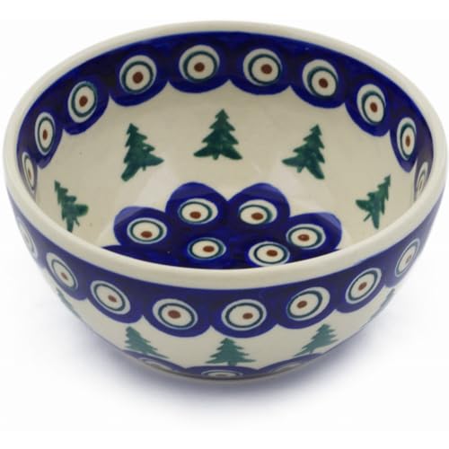 Authentic Polish Pottery Bowl 5-inch in Peacock Pines Design Handmade in Boles?awiec Poland by Ceramika Bona + Certificate of Authenticity