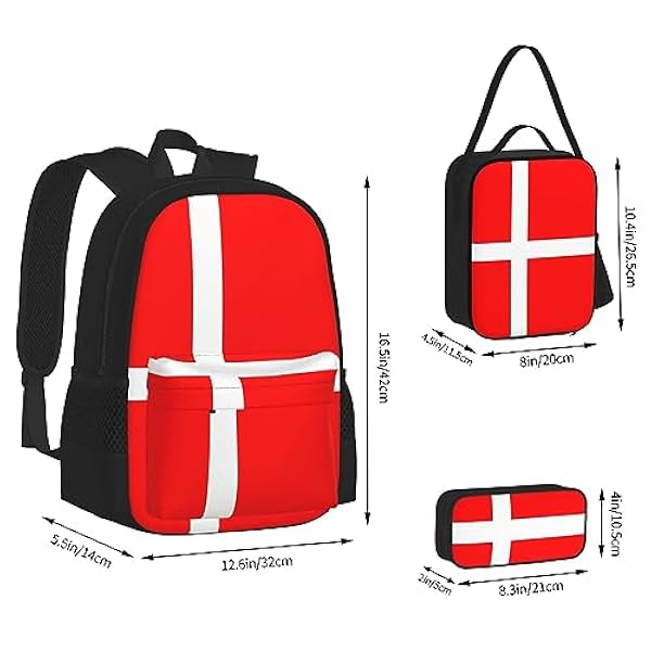 Denemarken Deense vlag grote capaciteit rugzak lunchtas pen etui 3-delige set voor kantoor reizen camping unisex, Zwart, Eén maat