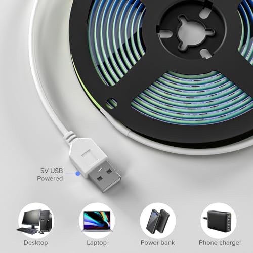 Image of 6.56FT /2M 5V USB LED Light Strip Ice Blue Flexible High Density COB Strips 640LEDs, 8mm LED Tape for Under Cabinet Bedroom No Controller and Power