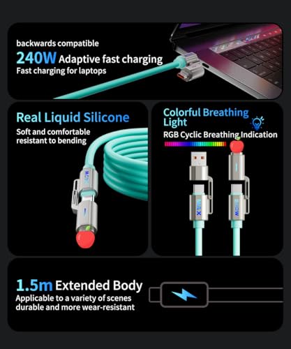 Image of Mizi 4-in-1 USB C to Charging Cable 5FT - 240W Multi-Port Cable with LED Light, USB A /C to C /for iPhone /MacBook /iPad /Samsung /Switch 2, Multi Chargers for All Devices - Blue
