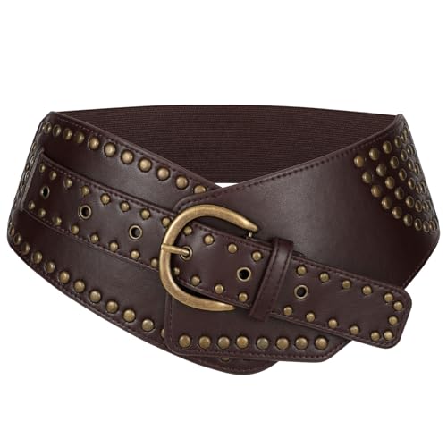 Jasgood Women Vintage Wide Elastic Belt Rivets Stretchy Waist Belt With Metal Buckle cover