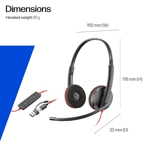 Image of Poly Blackwire 3220 Wired Headset with Mic, Hi-Fi Stereo Sound, Noise-Canceling Mic, Stereo Design, Connect to PC via USB-C & USB-A Adapter, Over-Ear Design, Works with Virtual Meeting Platforms