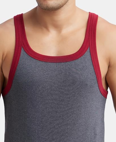 Image of Jockey US27 Men's Super Combed Cotton Rib Square Neck Gym Vest (Shoulder Strap Color May Vary) Charcoal & Red Pepper L