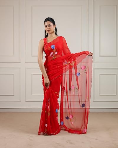 Image of Arkia Women's Hand Painted and Hand Cut dana Work Saree, Red Floral Embroidered Traditional Indian Saree
