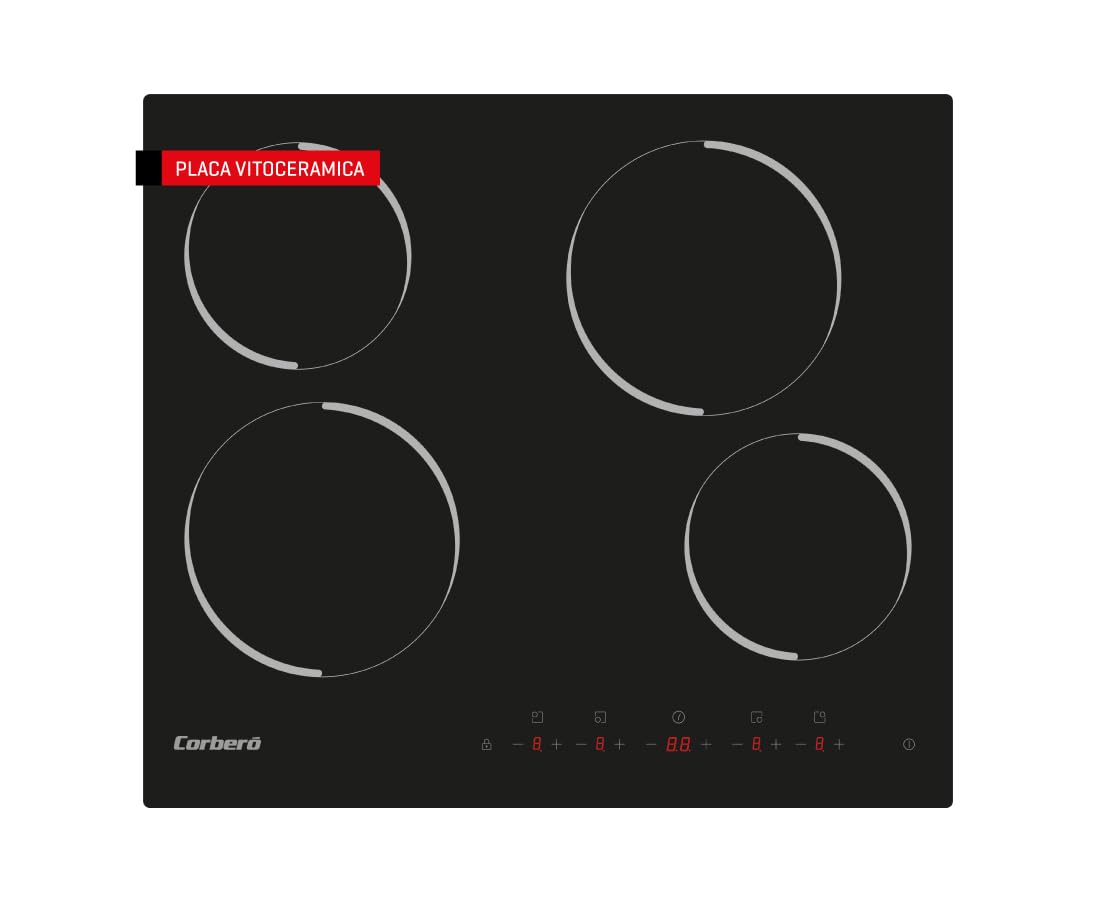 Corbero - Placa Vitrocerámica 4 Zonas | CCVM4604| Potencia 6000 W | Control Táctil | Temporizador 99 Min | 9 Niveles de Potencia | Desconexión y Bloqueo de Seguridad