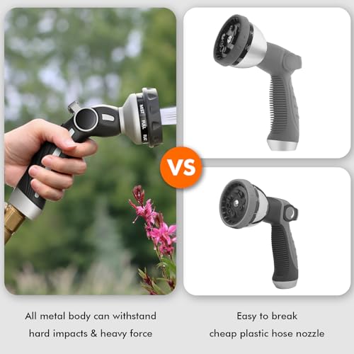 Image of RESTMO Hose Nozzle Heavy Duty, Metal Water Hose Sprayer for Garden | 9 Spray Patterns, High Pressure, Thumb Flow Control, On /Off Valve, Ideal for Outdoor Lawn & Plant, Car & Pet, Silver