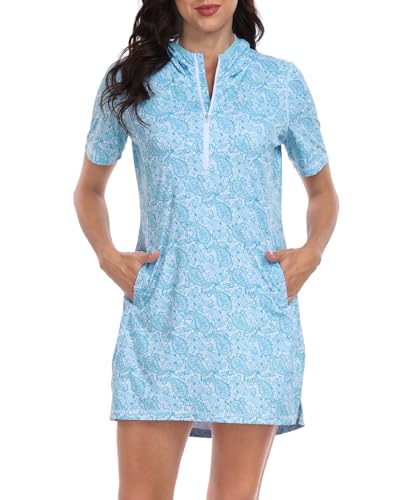 HDE Women's Short Sleeve Beach Coverup Dress with Hood UPF 50 Swim Cover Up