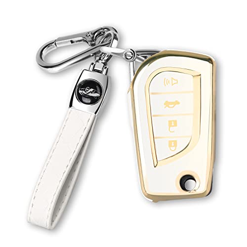 Mild East For Toyota Flip Key Fob Cover With Keychain, Soft Tpu 4 Button Car Key Shell Case For Avalon Camry Corolla Fortuner Highlander Levin Rav4 Sequoia Sienna Tacoma Tundra Yaris, White #TOP2
