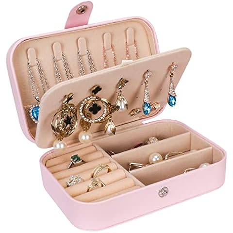 Arqumi Jewellery Box, Travel Jewellery Organiser PU Leather Jewelry Storage Case for Ring, Pendant, Earring, Necklace, Bracelet 2-Layer Storage Holder Jewellery Gift Box for Women Girls Pink Cover