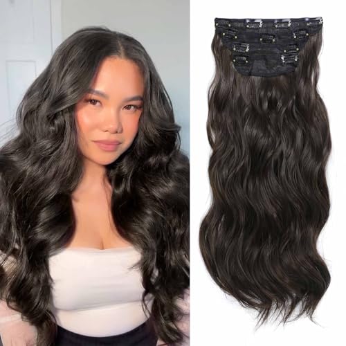 Clip in Hair Extensions 4Pcs 180g Long Wavy Synthetic Hair Extension Clip ins Natural Black for Women 20 inch Clip in Extensions (4, 20inch)