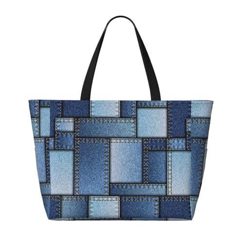 Beach Bags with Zipper for Women, Patchwork Denim Vintage Waterproof Beach Tote Pool Bags Towel Bag 7 Pockets Extra Large Gym Sandproof Tote Carry On Bag for Holiday Travel2