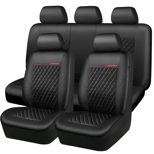 CAR PASS Quilting Faux Leather Seat Covers Full Set, Waterproof Deluxe Premium Seat Cover with 5mm Composite Sponge Inside, Airbag Compatible Auto Seat Cover Universal Fit for 95% Sedan SUV Van, Black