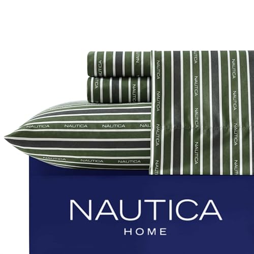 Image of Nautica - Full Sheet Set, Breathable & Cooling Microfiber Bedding with Matching Sham(s), Casual Home Decor (Varadero Typeface Green, Full)