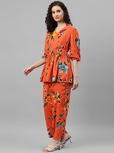 Image of DEEBACO Women's Floral Rayon Flared Tunic & Straight Pants Co-Ord Set for Women V-Neck & 3 /4 Puff Sleeve Ladies Party Casual Wear Fashionable for Girls Relaxed Fit Cord Set (Orange)
