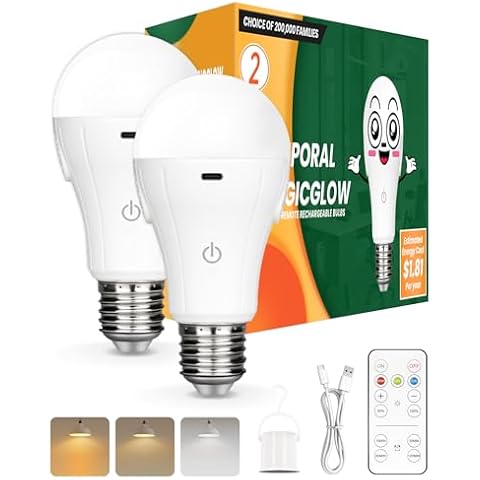 Neporal MagicGlow Rechargeable Light Bulbs with Remote, 3-Color Shift 1800K-4000K-6000K, Dimmable, USB Rechargeable Battery Operated Light Bulb Up to 20 Hours, 15W A19 LED Emergency Light Bulbs, 2PK Cover
