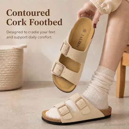 JALIRO Women's Cork Sandals, Suede Upper, Double Buckle, Arch Support & Non-Slip for Summer Wear, Khaki, size 6 - image 5