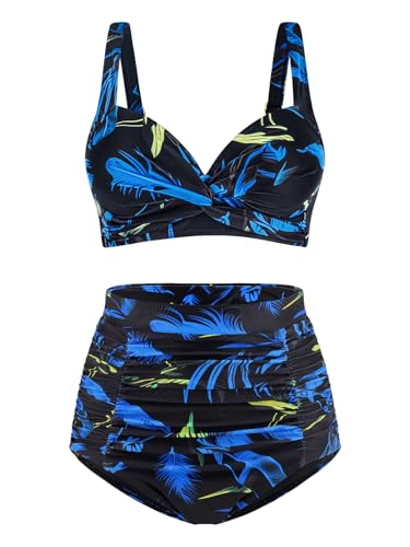 RELLECIGA Women's Tummy Control Bikini Set V Neck Two Piece Bathing Suits